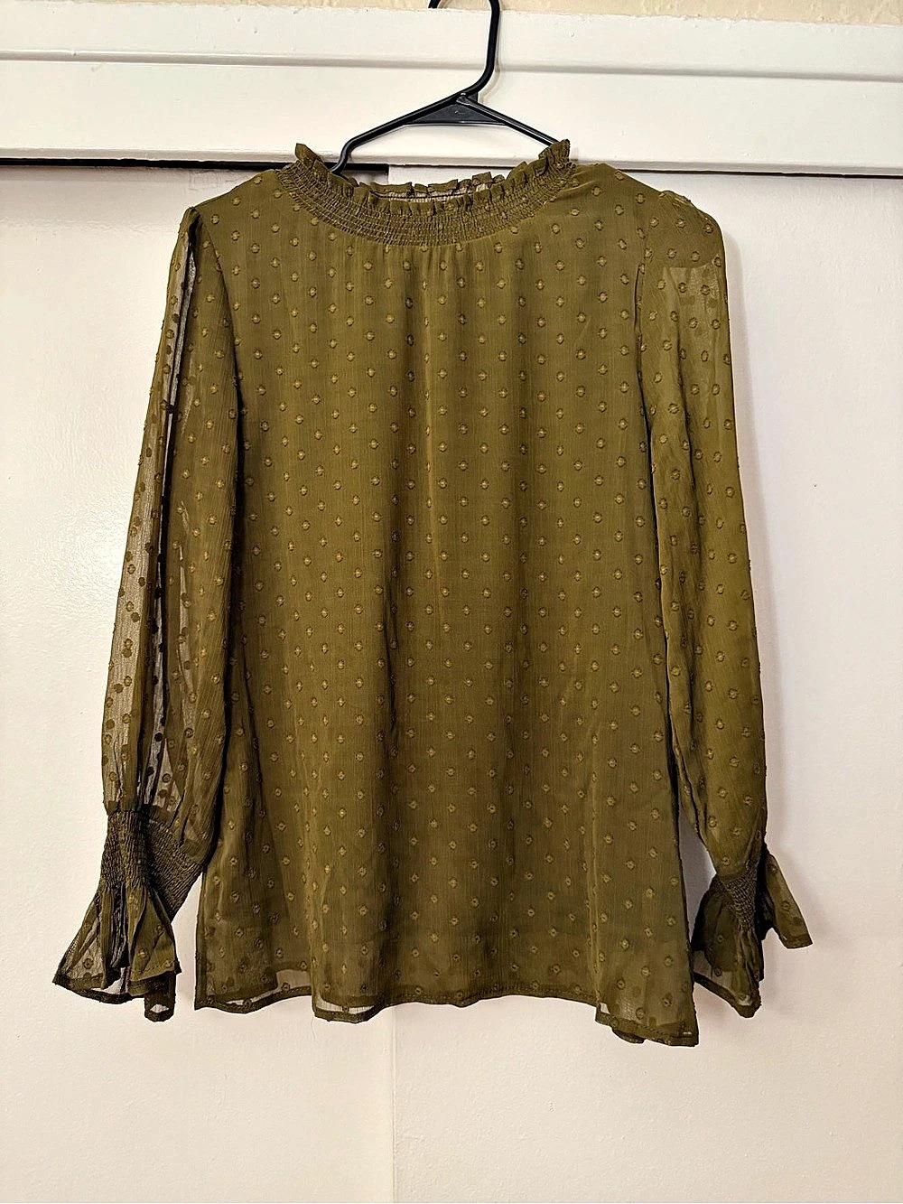 Olive Polka Dot Long Sleeve Blouse NWOT